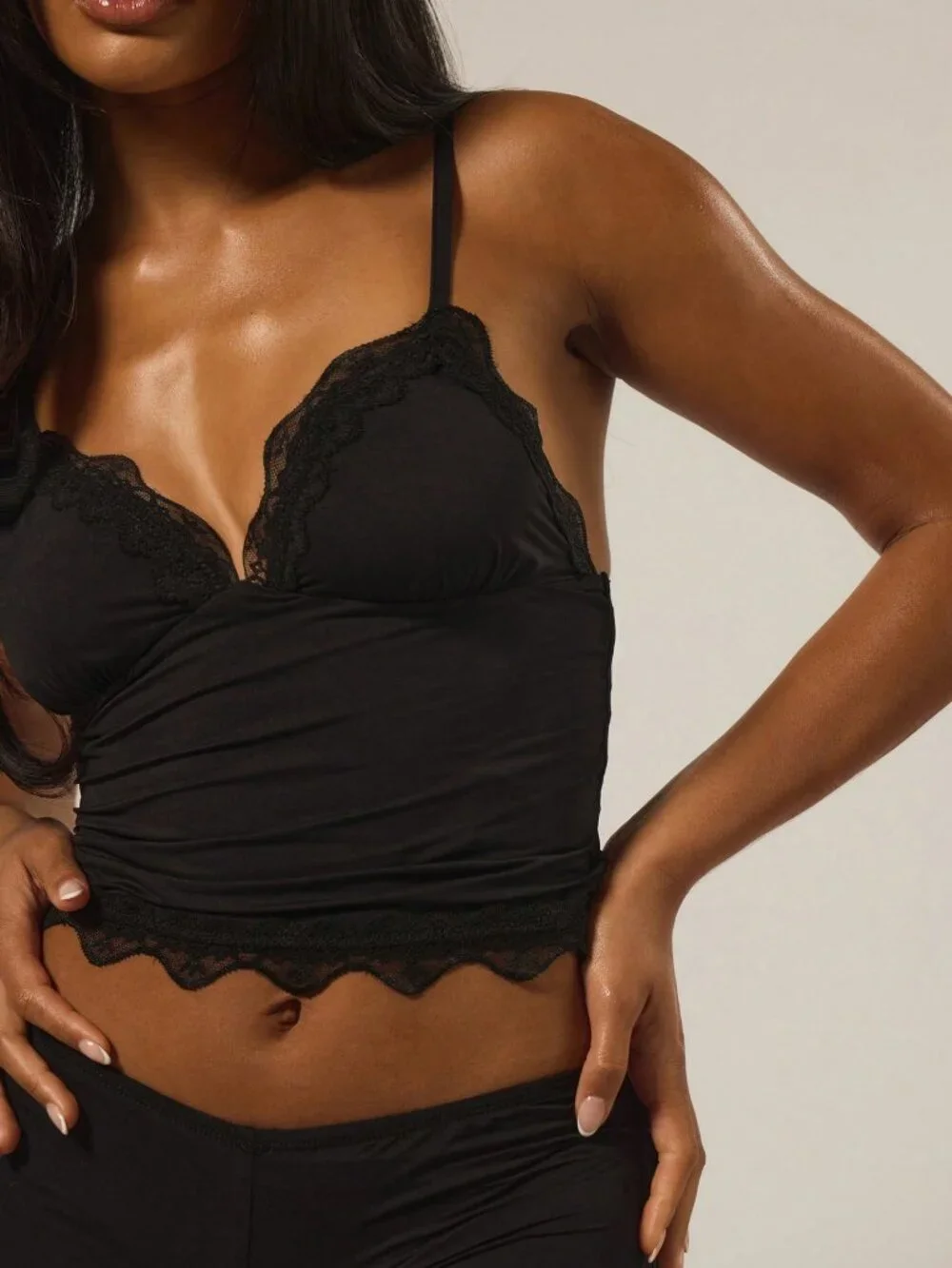 Black Sexy Women's Lace Trim Adjustable Strap Cami Top & Fitted shorts